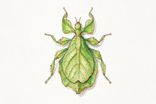Green Walking Leaf Insect Watercolor Illustration