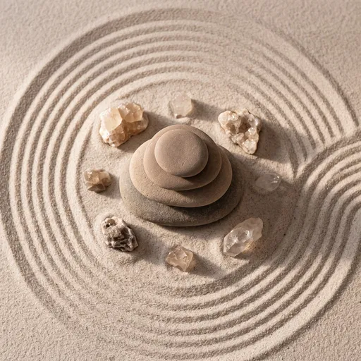 Stacked Zen Pebbles and Crystals on Sand