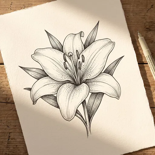 Black Ink Lily Drawing on Paper
