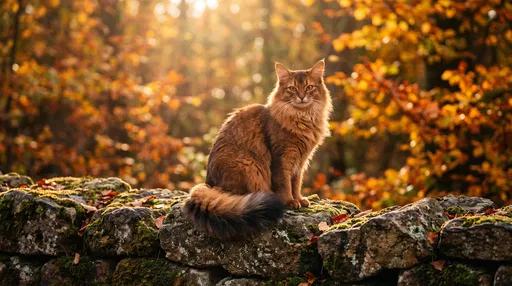 Somali Cat on Autumn Stone Wall