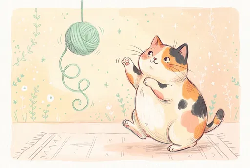 Chubby Calico Cat Playing With Yarn