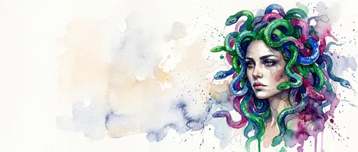 Vibrant Watercolor Medusa Illustration with Copy Space