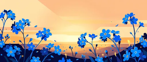 Stylized Blue Myosotis Flowers Sunset Banner