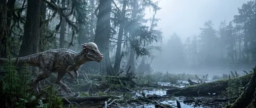 Pachycephalosaurus Walking in Misty Dawn Swamp