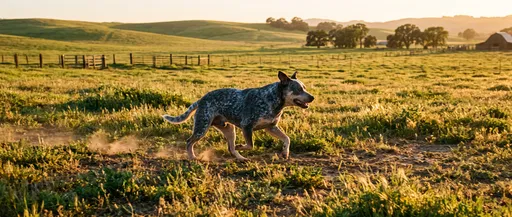 Blue Heeler Mix Running in Sunset Pasture