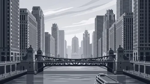 Monochrome Vector Chicago River Bridge Cityscape