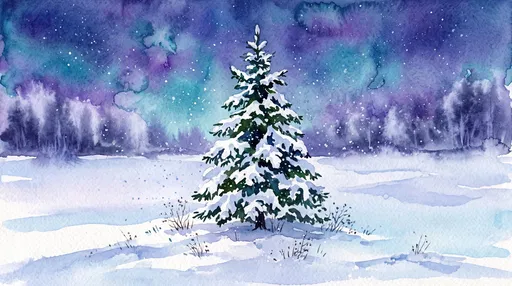 Watercolor Winter Spruce in Twilight Clearing