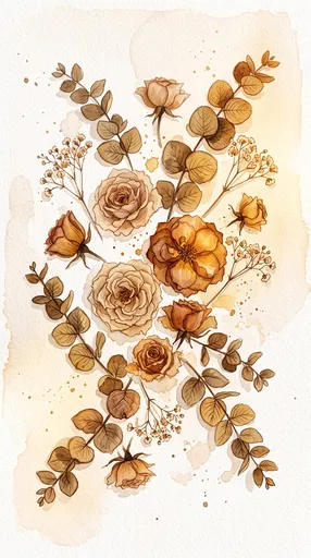 Sepia Watercolor Roses and Eucalyptus Illustration