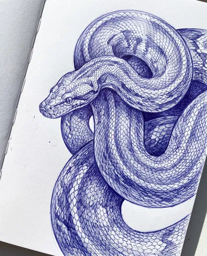 Blue Ballpoint Pen Sketch of Coiled Python