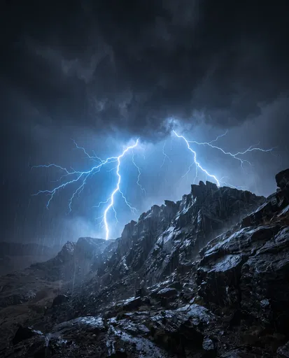 Blue Lightning Striking Behind Rocky Ridge