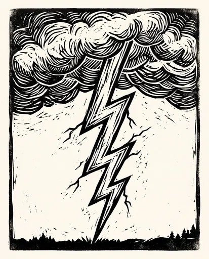 Linocut Lightning Bolt Storm Illustration