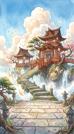 Watercolor Fantasy Floating Spirit Shrine Illustration