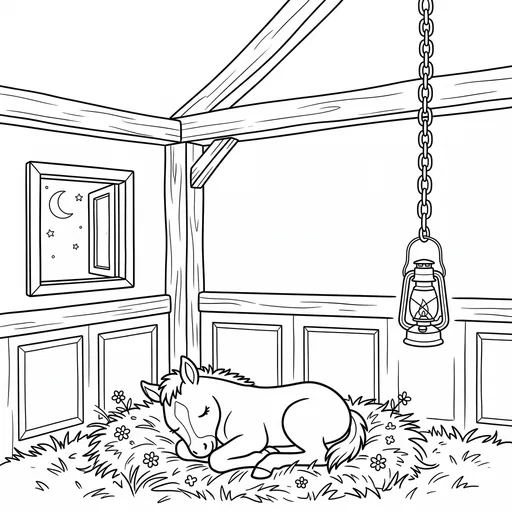 Sleeping Foal in Stable Coloring Page