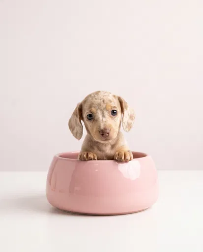 Cream Dapple Dachshund Puppy in Pink Bowl