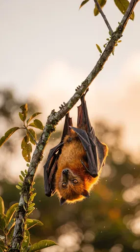Flying Fox Hanging on Branch at Sunset