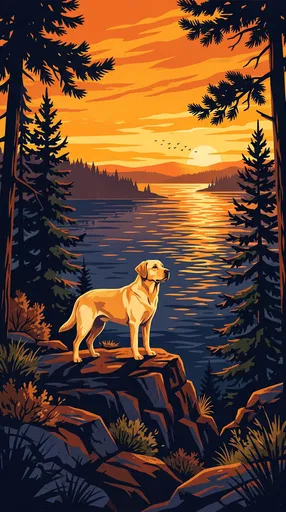Yellow Labrador at Lake Sunset Illustration