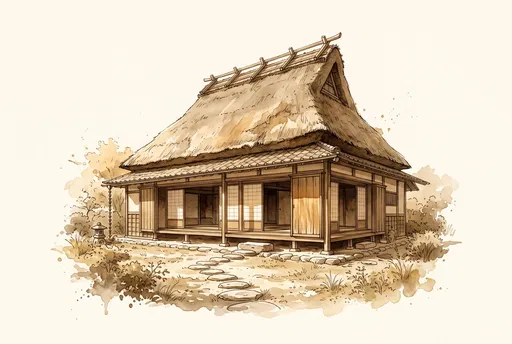 Sepia Watercolor Japanese Farmhouse Illustration