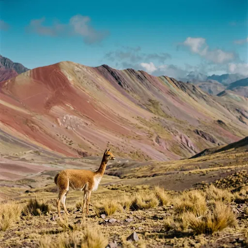 Vicuna Standing Near Rainbow Mountain in Peru