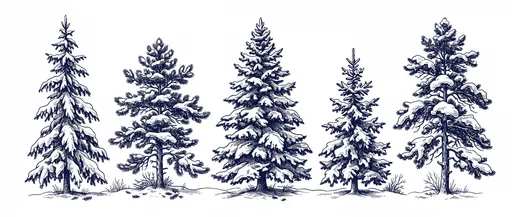 Vintage Engraved Snow-Covered Pine Trees Set