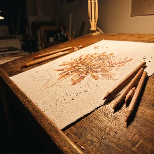 Chrysanthemum Colored Pencil Drawing on Drafting Table