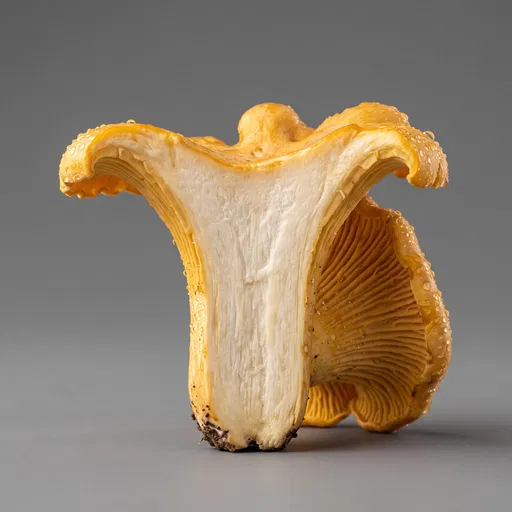 Halved Golden Chanterelle Mushroom on Gray