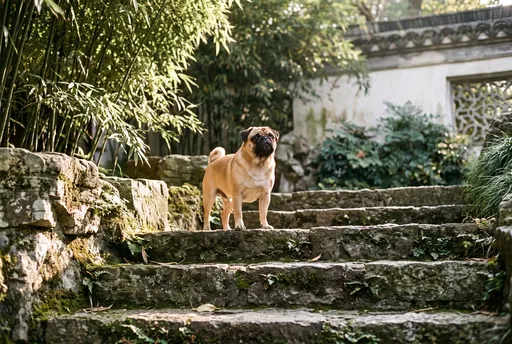Apricot Pug on Stone Garden Steps