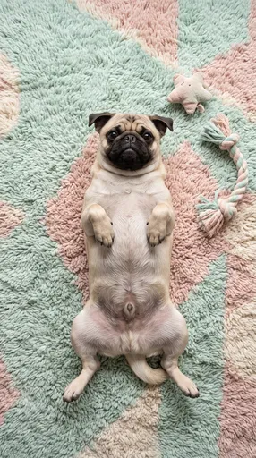 Fawn Pug Lying Belly-Up on Pastel Rug