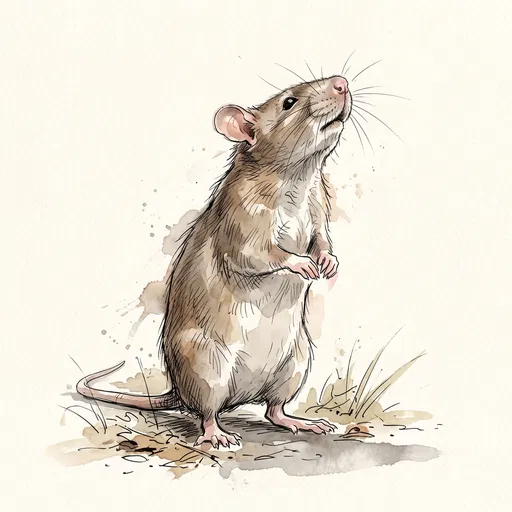 Ink and Watercolor Sketch of Standing Rat