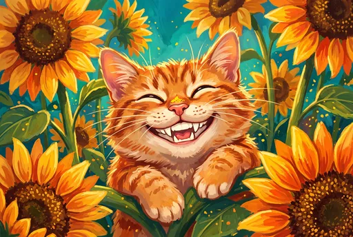 Smiling Orange Cat in Sunflowers Illustration