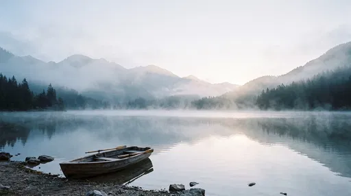 Wooden Rowboat on Misty Alpine Lake