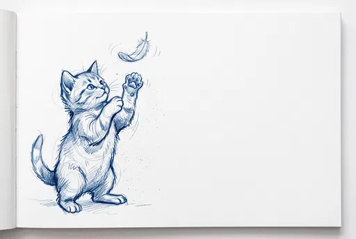 Blue Pencil Sketch of Playful Kitten