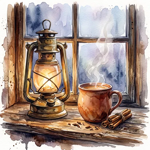 Watercolor Lantern and Chai on Windowsill