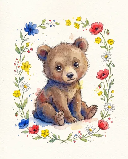 Watercolor Baby Bear in Floral Frame
