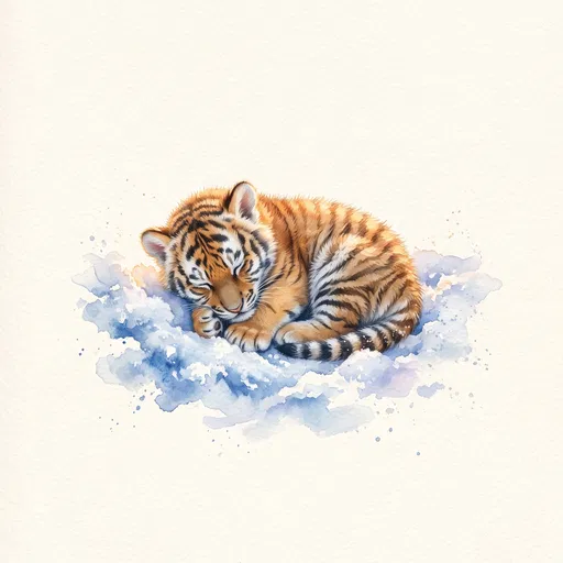 Sleeping Siberian Tiger Cub Watercolor Illustration