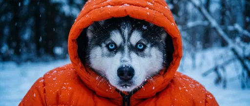 Husky Puppy in Orange Puffer Jacket