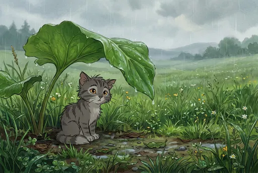 Cartoon Cat Sheltering Under Giant Leaf