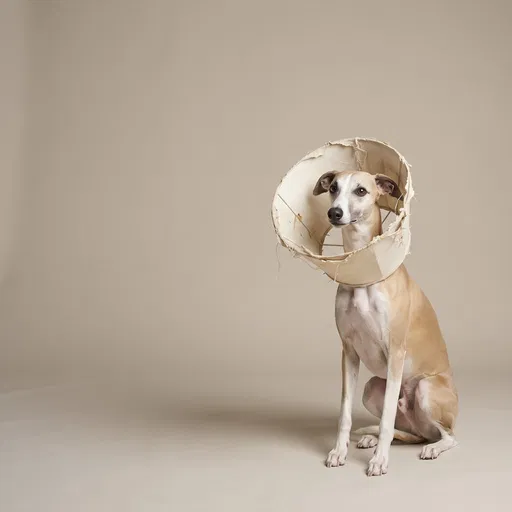 Whippet Wearing Torn Lampshade in Studio