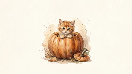 Watercolor Kitten in Halloween Pumpkin