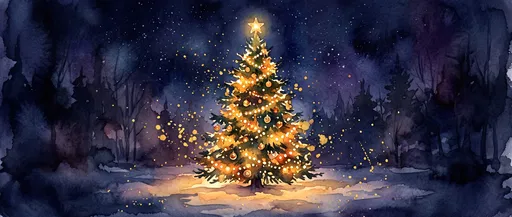 Watercolor Glowing Christmas Tree at Night
