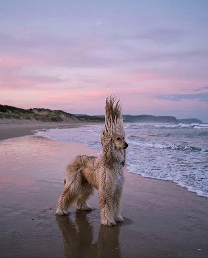Afghan Hound With Vertical Hair on Beach