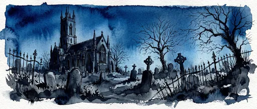 Gothic Churchyard Watercolor and Ink Illustration