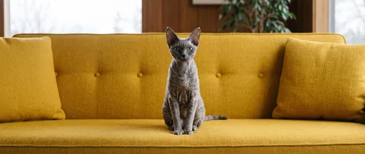 Grey Devon Rex Cat on Yellow Sofa
