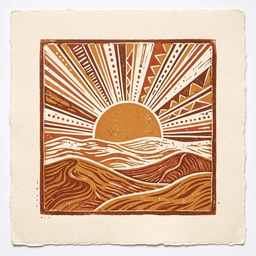 Linocut Desert Sun Over Sand Dunes