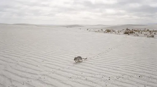 Silver Gerbil Crossing White Desert Dunes