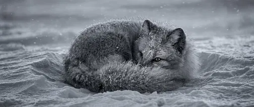 Monochrome Arctic Fox Curled in Snow
