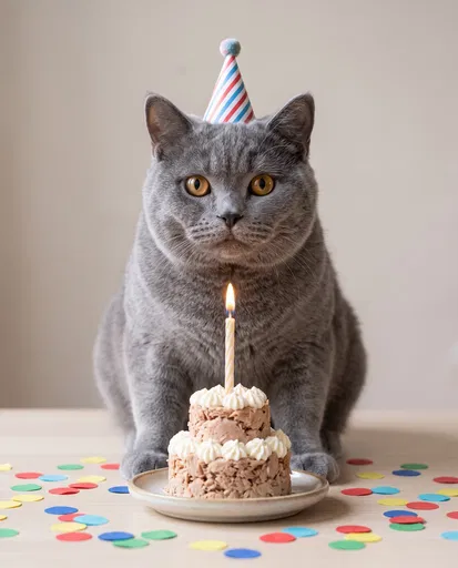 British Shorthair Cat With Tuna Birthday Cake