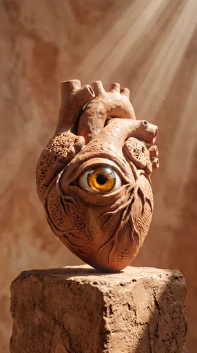 Surreal Terracotta Heart Sculpture With Eye