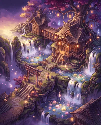 Mystical Isometric Anime Shrine at Twilight