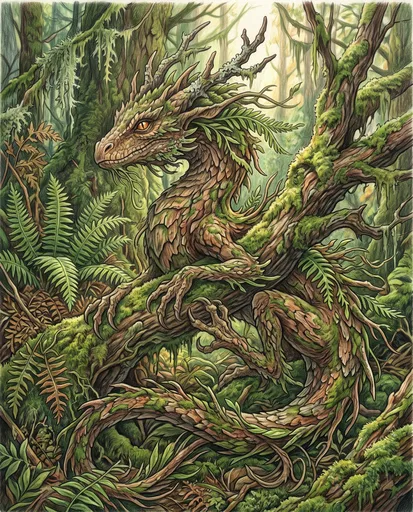 Colored Pencil Forest Dragon Illustration
