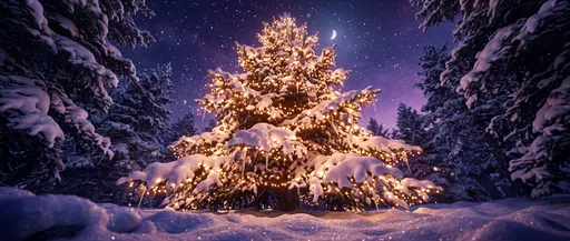 Glowing Christmas Tree in Snowy Forest